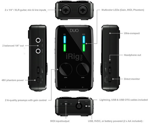 iRig Pro Duo 功能說明,擁有兩個 XLR\TRS 輸入孔雙通道,可以自彈自唱或更多用途