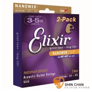 吉他弦 ► Elixir頂級磷青銅民謠弦2包裝-Nanoweb 2-Pack（16536）（13-56)