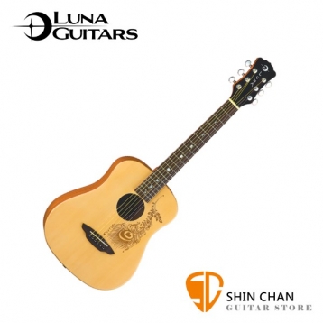 美國品牌Luna Mini HENNA 36吋小吉他 花葉圖騰（雲杉面板/桃花心木側背板）附贈原廠Luna Baby吉他袋 / 旅行吉他 / 兒童吉他