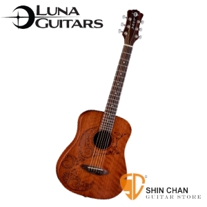 美國品牌Luna Mini 36吋小吉他 TATTOO 雕刻音孔（桃花心木面板/桃花心木側背板）附贈原廠Luna Baby吉他袋 / 旅行吉他 / 兒童吉他